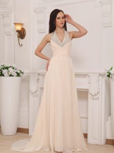 Baby Pink V-neck Halter Brush Train Chiffon Prom Pageant Dress with Beading