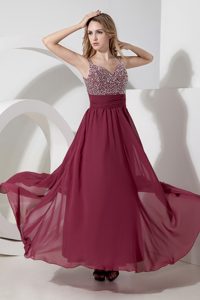 New Burgundy Straps Long Chiffon Prom Dress for Parties with Beading