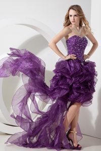 Eggplant Purple Sweetheart High-low Organza Beaded Prom Dress with Ruffles