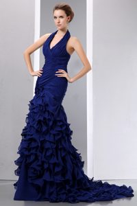 V-neck Halter Royal Blue Brush Train Ruched Chiffon Prom Dresses with Ruffles