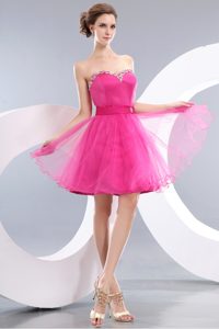 New Sweetheart Mini-length Hot Pink Tulle Prom Dress for Juniors with Beading