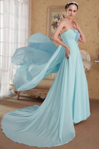 Baby Blue Strapless Brush Train Ruched Prom Dresses with Appliques for Cheap