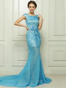 Mermaid Chiffon Sleeveless With Train Prom Dresses Brush Train and Beading and Appliques