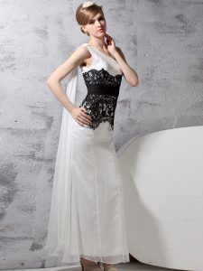 One Shoulder White And Black Sleeveless Lace Floor Length Celebrity Prom Dress