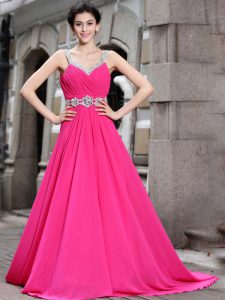 Shining Straps Sleeveless Brush Train Zipper Prom Evening Gown Hot Pink Chiffon