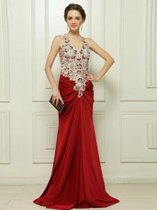 Red Zipper Prom Party Dress Beading and Appliques Sleeveless With Brush Train