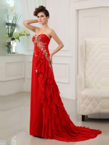 Exceptional Ruffled Sweetheart Sleeveless Brush Train Zipper Prom Party Dress Red Chiffon