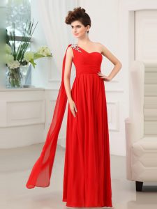 Attractive Floor Length Red Homecoming Dress One Shoulder Sleeveless Zipper