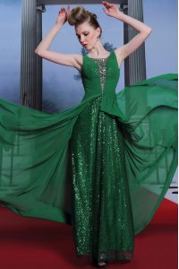 High End Dark Green Sleeveless Chiffon and Sequined Side Zipper Prom Dresses for Prom and Party