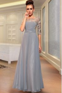 Column/Sheath Dress for Prom Grey Square Chiffon Half Sleeves Ankle Length Side Zipper