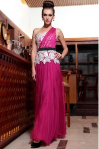 New Arrival Fuchsia One Shoulder Side Zipper Beading and Appliques and Ruching Homecoming Dress Sleeveless