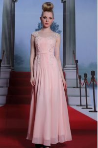 Sumptuous Baby Pink Chiffon Side Zipper Prom Gown Cap Sleeves Floor Length Beading