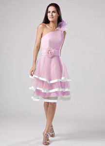 One Shoulder Flowers and Sash Decorated Prom Dresses in Pink with Ruffles