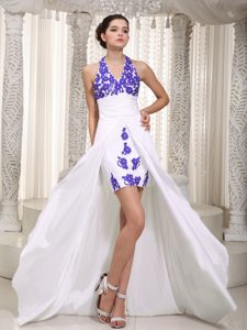 Appliqued White and Purple High Low Ruched Prom Dresses with Halter Top