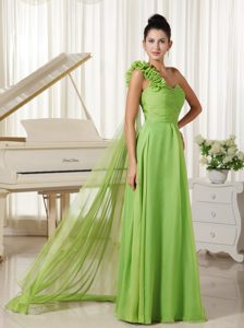 One Shoulder Flowery Chiffon Prom Dress with Watteau Train in Spring Green