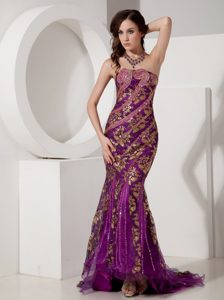 Purple and Gold Trumpet End of year Socials Prom Dresses with Appliques
