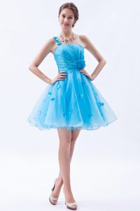 One Shoulder Appliqued Wonderful Short Dress for Prom Court in Baby Blue