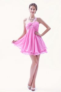 Discount Rose Pink A-line One Shoulder Prom Court Dresses with Ruches