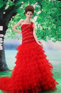 One Shoulder Ruffled Zipper-up Prom Homecoming Dresses with Appliques