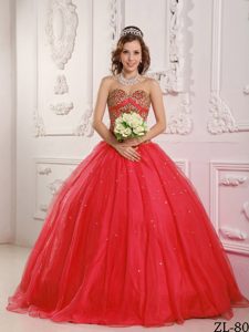 Coral Red Sweetheart Satin and Organza Beaded Quinceanera Dress for Cheap