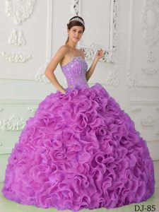 Glitz Ruffled and Beaded Organza Sweet 15 Dress in Lavender with Strapless