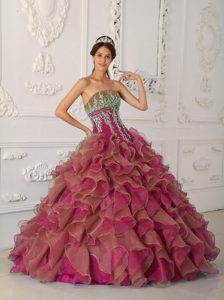 New Ruffled and Appliqued Fuchsia Sweet 15 Dress with Strapless in Organza