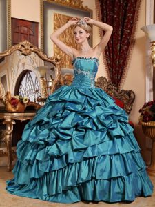 Classic Teal Strapless Quince Dresses in with Appliques and Pick-ups