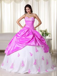Sweetheart Hot Pink and White Sweet 16 Dresses with Appliques in Low Price