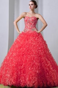 Watermelon A-line Sweet Sixteen Quinceanera Dress with Beads and Ruffles