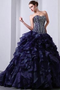 Sweetheart Ruffled Organza Sweet 16 Dress with Beadings in Navy Blue 2013