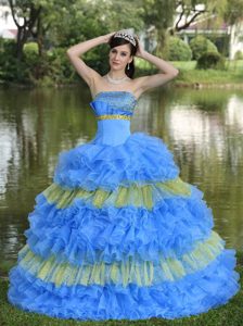 Strapless Beaded Quince Dress with Ruffled Layers in Aqua Blue and Yellow