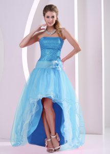 High-low Aqua Blue Prom Dress for Girl with Handle Flower and Sequins