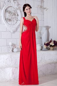 Affordable Red Beaded and Ruched Prom Dress for Tall Girls