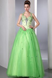 Beaded Spring Green Halter Prom Dresses for Girls and Organza