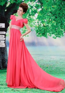 V-neck 2013 Dress for Prom with Beading and Ruche in Coral Red on Sale