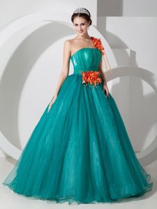 Handmade Flower Teal Organza Quinceanera Dress of 15 with One Shoulder