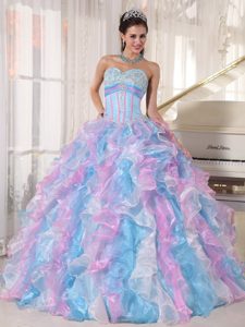 Colorful Ruffled Appliques Organza Lace Up Back Dresses for Quinceaneras