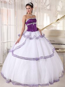Beading Strapless Layers White and Purple Organza Dresses for A Quince