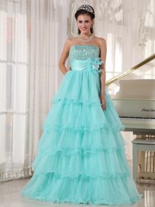 Layers Strapless Beading Ruffled Apple Green Sweet 15 Dress with Flowers