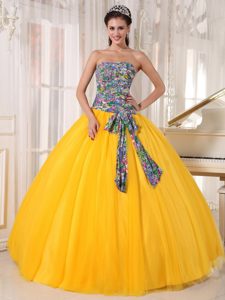 Printing Strapless Lace Up Back Ball Gown Tulle Unique Dress 15 in Yellow