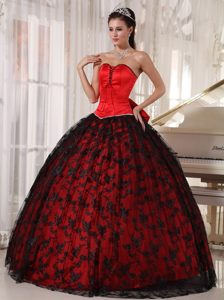 Black Lace Sweetheart Big Bowknot in Back Red Long Dress for 15