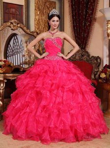 Organza Coral Red Lace Up Back Sweet 15 Dress with Ruffles and Beading