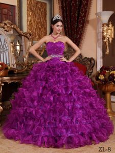 Fuchsia Sweetheart Beading Ruffled Organza Wonderful Quinceanera Gown