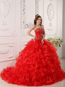 Embroidery Appliques Ruffled Brush Train Red Organza Superb Dress of 15
