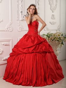 Ruched Pick Ups Beading Red Sweet 16 Dresses with Sweetheart