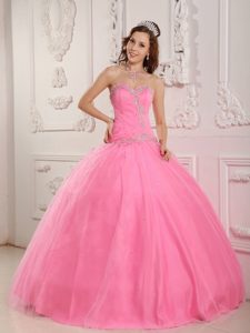 Sweetheart Long Tulle Rose Pink Flattering Quinces Dresses with Appliques