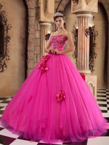 Sexy Hot Pink Strapless Quinceanera Gown Dresses and Tulle with Flowers