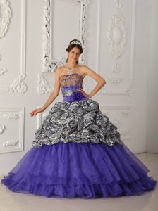 Fave Purple Strapless Quinceaneras Dress with Chapel Train in Zebra and Organza