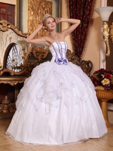 Most Recent White Ball Gown Strapless Quinceanera Dresses Gowns in Organza