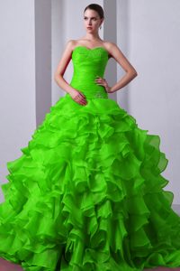 Tasty A-line Sweetheart Brush Train Organza Quinceanera Gown in Spring Green